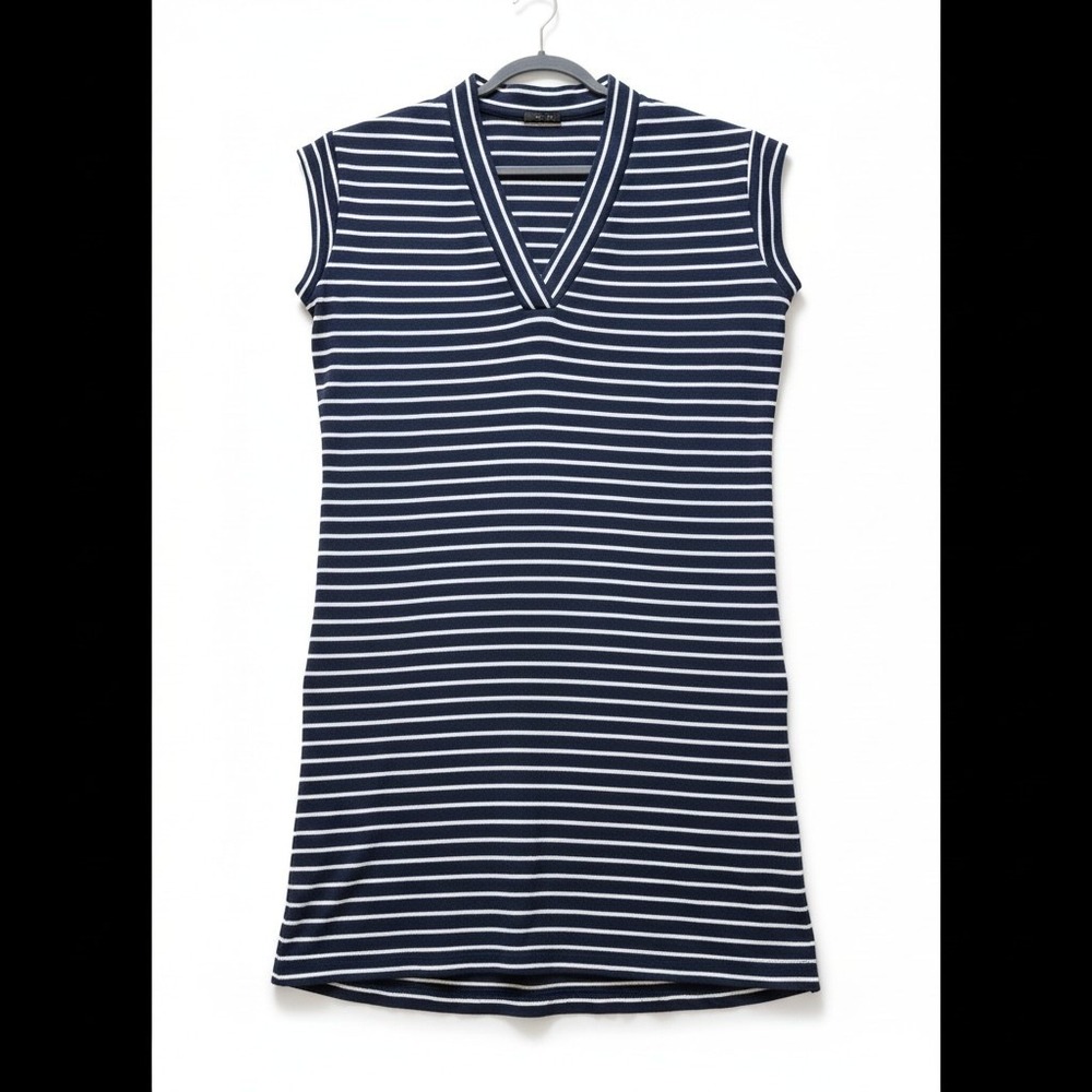 ATM Anthony Thomas Melillo Womens Navy Striped V-Neck Pima Cotton Shift Dress M - Picture 2 of 11
